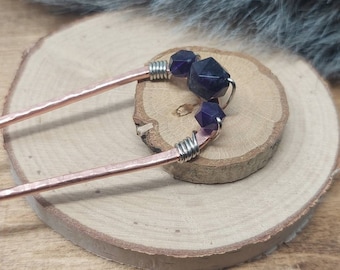 Wirewrapped Amethyst Crystal Hair Pin,  Copper Hair Fork Hair Arch, Mom Gift, Long Hair Accessory Bun Holder February Gift For Her.