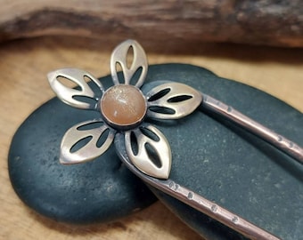 Sunstone Crystal Flower Hair Fork, Long Hair Accessory Bun Pin, Hair Ornament,  Antique Brass Handmade Crystal Hair Jewelry Mom Gift.