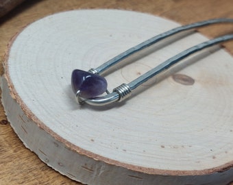 Amethyst Hair Pin, Hammered Nickel Silver Bridal Hair Jewelry, Silver Metal Bun Holder Hair Pin. February Birthstone Mother's Day Gift.