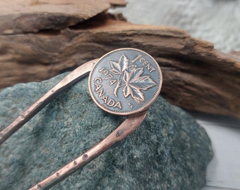 50th Birthday 1974 Canadian Penny Hammered and Antiqued Copper Hair Fork. Penny Coin Jewelry Hair Accessory.