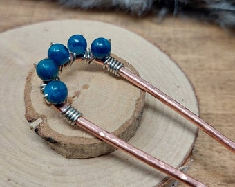 Blue Apatite Gemstone Wire Wrapped Bead Hair Fork, Gift for Crystal Lover, Long Hair Accessory, Copper Bun Holder Hair Arch. Hair Jewelry.