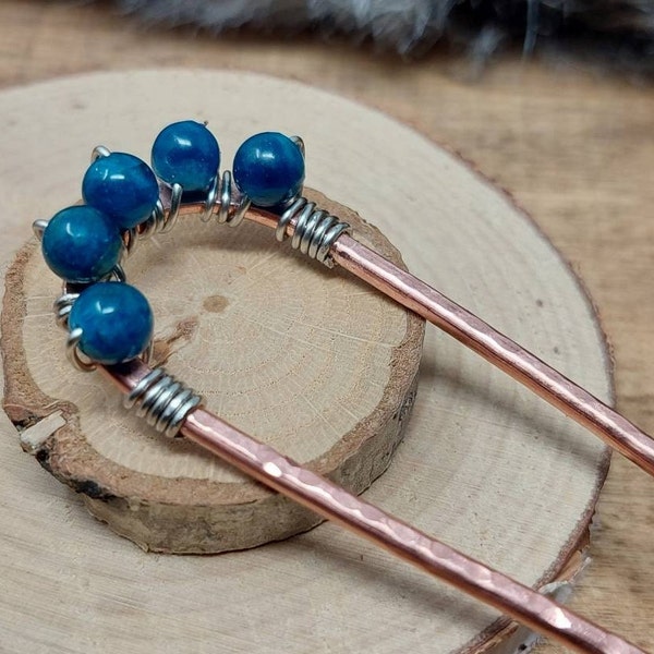 Blue Apatite Gemstone Wire Wrapped Bead Hair Fork, Gift for Crystal Lover, Long Hair Accessory, Copper Bun Holder Hair Arch. Hair Jewelry.