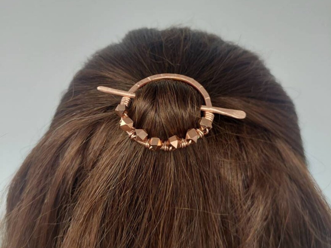 Hammered Copper Hair Accessory 7th Anniversary Gift for Her. 7 Faceted Metal Beads 2 Piece Hair