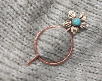 Amazonite Gemstone, Brass Flower and Copper Shawl Slide. Pretty Floral 2 piece Shawl Pin Knitter Gift Scarf Jewelry, Mothers Day Mom Gift.