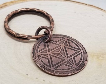 Merkaba Keychain. Etched Copper Sacred Geometry Tetrahedron Key Ring, Gift for Men, Light Activation, Ascension, Vibration, Balance.