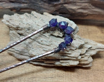 Wirewrapped Amethyst Crystal Hair Pin, Antiqued Copper Hair Fork Hair Arch, Mom Gift, Long Hair Accessory Bun Holder February Gift For Her