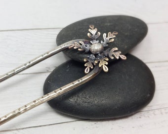 Antiqued Brass Hair Fork with Flower, Mini Hair Fork Bun Pin,  Bun Maker Hair Pin Mom Gift, Gift for Girlfriend, Spring Flower