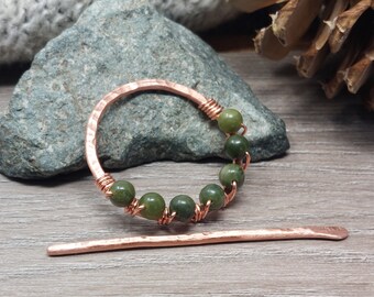 Hammered Copper Shawl Pin with 7 Dark Green Nephrite Jade Beads. 7th Anniversary Gift for Knitter, Scarf Slide, Mother's Day Gift for Mom.