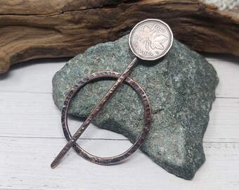 1994 30th Birthday GiftCanadian Penny Hammered Copper Shawl Pin or Hair Slide, Thirty Years Anniversary Gift for Mom. Upcycled Penny Jewelry