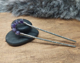 Amethyst Crystal Hair Pin, Wire Wrapped Nickel Silver Hair Fork Hair Arch, Mom Gift, Long Hair Accessory Bun Holder February Gift For Her