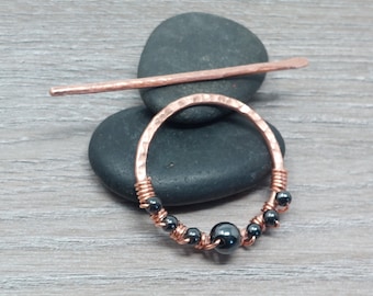 Copper 7th Anniversary Gift for Her. 7 Metallic Hematite Beads 2 piece Shawl Pin or Round Barrette Hair Slide. Handmade Hammered Copper.