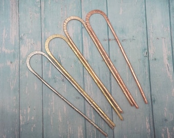 Mini Hammered Hair Fork, Bun Holder Hair Pin, Minimalist Hair Accessory. Choose Metal - German Silver, Brass, Bronze or Copper.