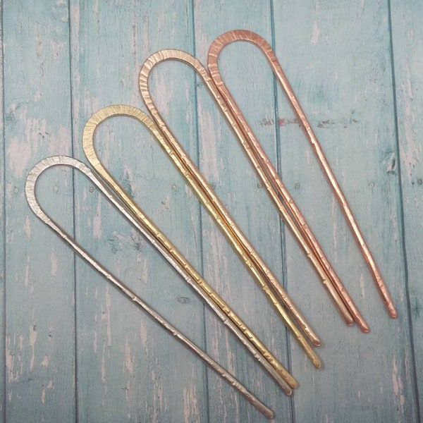 Mini Hammered Hair Fork, Bun Holder Hair Pin, Minimalist Hair Accessory. Choose Metal - German Silver, Brass, Bronze or Copper.