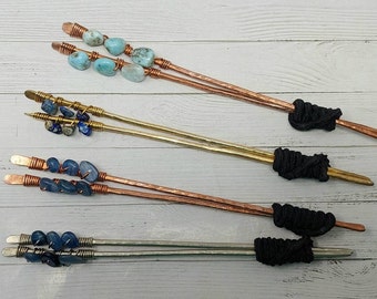 2 Blue Crystal Hair Sticks, Girlfriend Gift, Blue Gemstone Wirewrapped Bun Holder Sticks. Gift for Women, Pair of Hairsticks for Long Hair.
