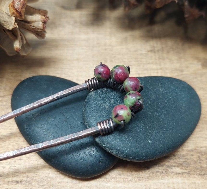 Wirewrapped Ruby Zoisite Hair Pin, Hammered Copper Hair Fork  display picture 1