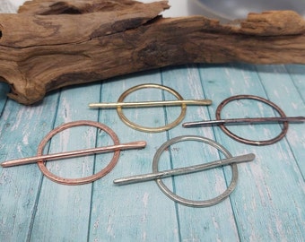 Minimalist Shawl Pin or Hair Accessory, hammered copper, gold brass, nickel silver hair clip, gift for her, scarf slide.