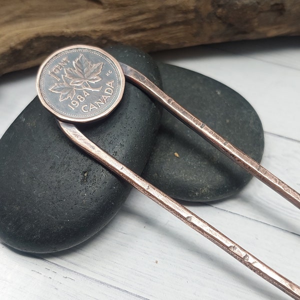 40th Birthday Gift for Women. 1984 Canadian Penny Hammered Copper Hair Fork, Turning 40 in 2024 Mother's Day Gift Idea for Mom