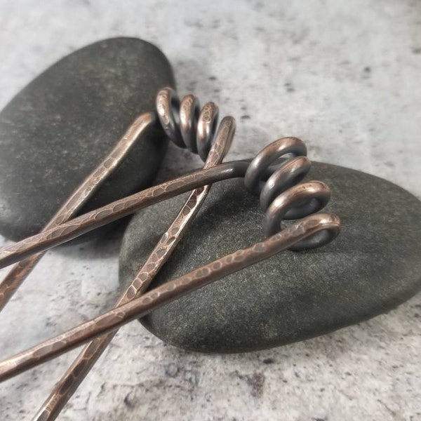 Metal French Hair Pins, Set of 2 Copper Springs Bun Pins, Messy Bun Holder Pin, Unique Hair Accessories, Handmade Mini Hair Fork, Mom Gift.