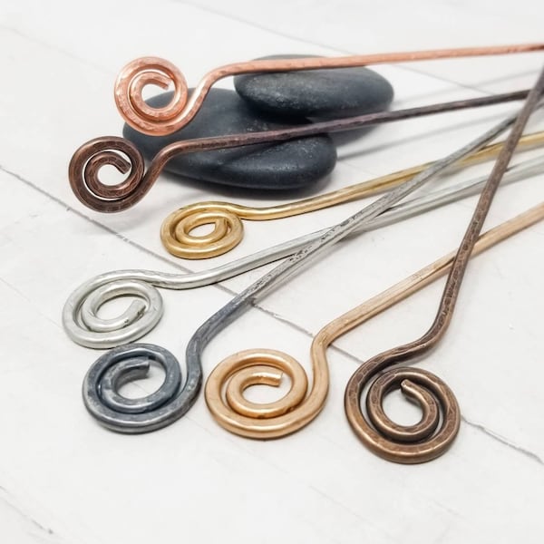 Spiral Hair Sticks, 2 Minimalist Hammered Copper, Bronze, Brass, or Nickel Silver Metal Hair Accessories. Bun Holder Sticks. Womens Gift.