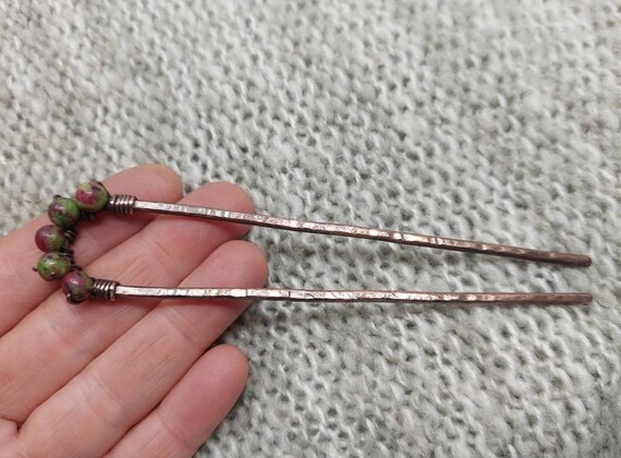 Wirewrapped Ruby Zoisite Hair Pin, Hammered Copper Hair Fork  display picture 3