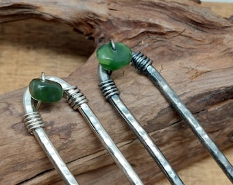 Hammered Nickel Silver Hair Pin, Jade Gemstone, Boho Bun Holder