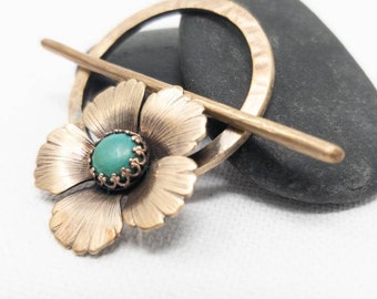 Turquoise and Brass Flower Shawl Slide, Pretty Floral 2 piece Shawl Pin Knitter Gift Natural Stone Scarf Jewelry, Mothers Day Mom Gift.