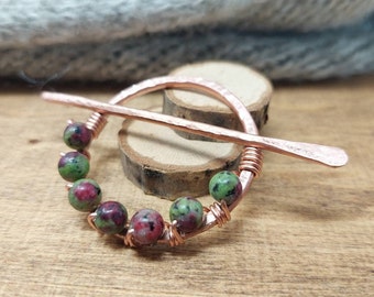 Ruby Zoisite Crystal Shawl Pin or Hair Slide, Copper 7th Anniversary Gift for Knitter, Scarf Clip, Natural Stone Wire Wrapped Beads.