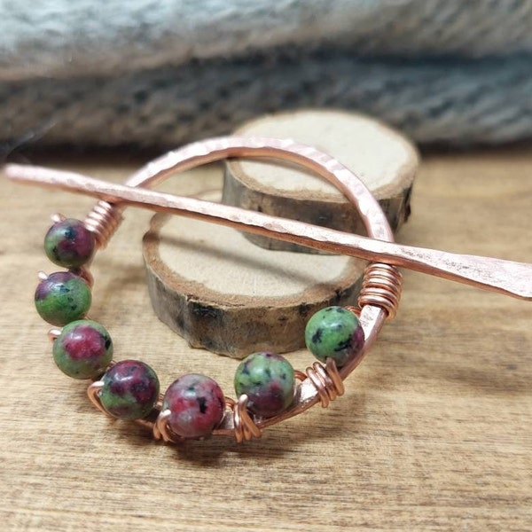 Ruby Zoisite Crystal Shawl Pin or Hair Slide, Copper 7th Anniversary Gift for Knitter, Scarf Clip, Natural Stone Wire Wrapped Beads.