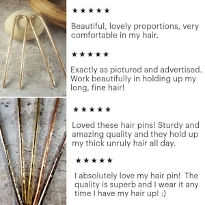 May include: Close-up of four gold hair pins with a textured surface. The pins are arranged vertically. The image includes customer reviews praising the quality and effectiveness of the hair pins.