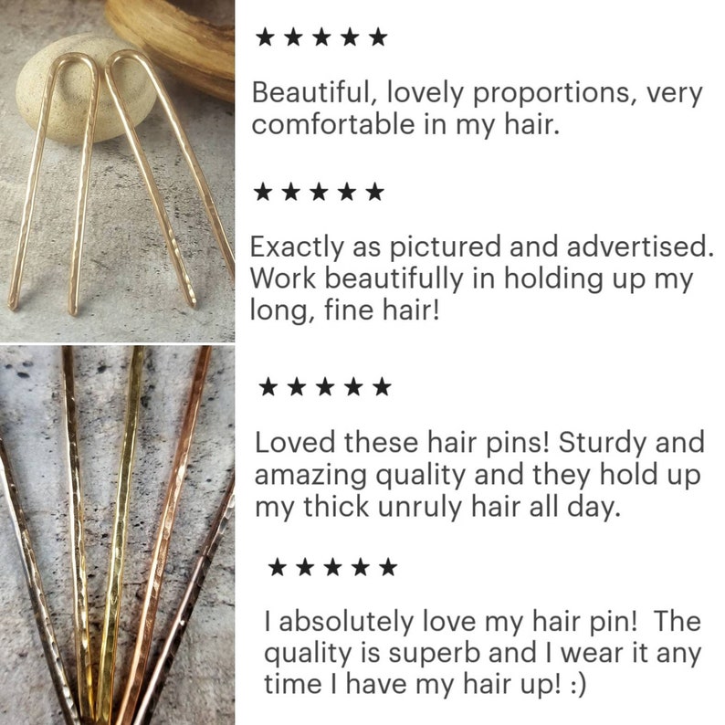 May include: Close-up of four gold hair pins with a textured surface. The pins are arranged vertically. The image includes customer reviews praising the quality and effectiveness of the hair pins.