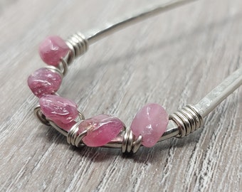 Pink Tourmaline Crystal Hair Pin, Wire Wrapped Nickel Silver Hair Fork Hair Arch, Mom Gift, Long Hair Accessory Bun Holder