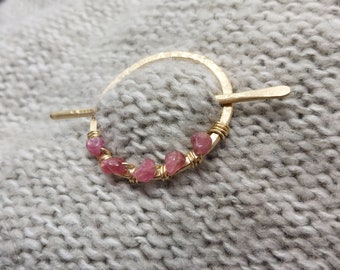 Gold Brass and Pink Tourmaline Mother's Day Gift, Gift for Knitter, Shawl Pin, Scarf Clip, Natural Crystal Wire Wrapped Beads Hair Accessory