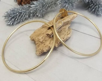 Large Brass Hoops Dangle Earrings, 3" Gold Hoops, Big Brass Hoop Earrings with Sterling Silver Ear Wires. Simple Everyday Casual Earrings