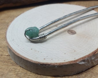 Green Aventurine Hair Pin, Hammered Nickel Silver Bun Holder Hair Jewelry, Handmade Metal and Wirewrapped Crystal Hair Pin.