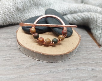 Rustic Hammered Copper Shawl Pin with 7 Red Creek Jasper Beads. 7th Anniversary Gift for Knitter Scarf Slide, Natural Stone Wirewrap Beads.