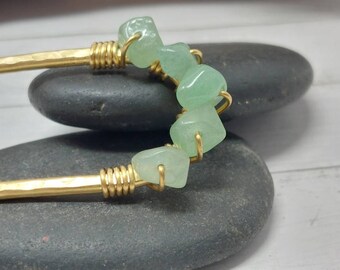 Green Aventurine Wirewrapped Crystal Hair Pin, Hammered Brass Metal Hair Fork Hair Arch,  Long Hair Accessory Bun Holder