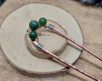 Jade Hair Pin, Hammered Copper Hair Fork Bun Holder Pin, Metal Hair Jewelry. Handmade Nephrite Jade Bead Hair Accessories, Boho Bun Pin.