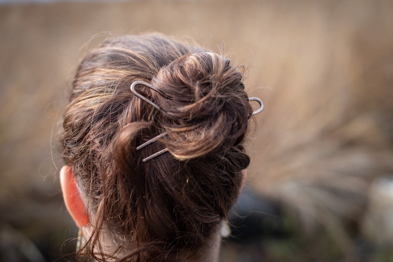May include: A woman's brown hair is pulled back into a bun and held in place with two silver hair clips.