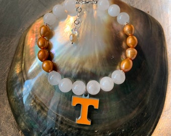 University of Tennessee Volunteers School Fall Football Snow White Quartz & Day-Lily Freshwater Natural Orange Pearl charm spirit bracelet