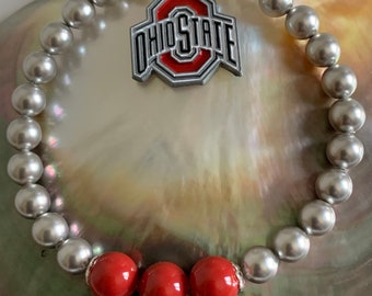 Ohio State University, OSU, Buckeyes Football Back to School Scarlet and Grey Swarovski pearl OSU enamel charm sterling silver bracelet