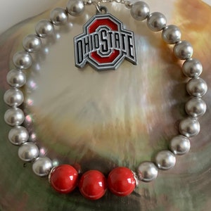 Ohio State University, OSU, Buckeyes Football Back to School Scarlet and Grey Swarovski pearl OSU enamel charm sterling silver bracelet image 1