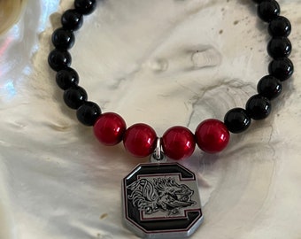 University of South Carolina USC Gamecocks Football Back to School Garnet Crystal & Black Glass Bead enamel charm sterling silver bracelet