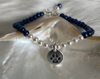 Penn State Nittany Lions Paw Charm Spirit Bracelet  II - Swarovski white pearls and Blue Czech glass pearls
