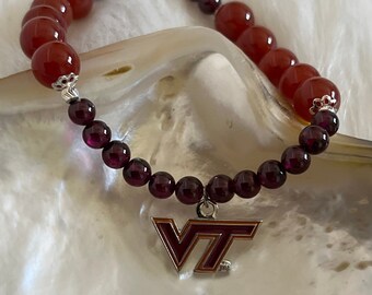 Virginia Tech Hokie Natural Carnelian and Garnet Sterling Silver Spirit Charm Bracelet