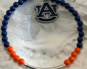Auburn University Navy Blue and Orange Pearl AU  March Madness Charm Sterling Spirit Bracelet