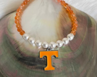 University of Tennessee Volunteers Orange Carnelian White Swarovski Pearl Sterling Silver Basketball Football T spirit charm bracelet