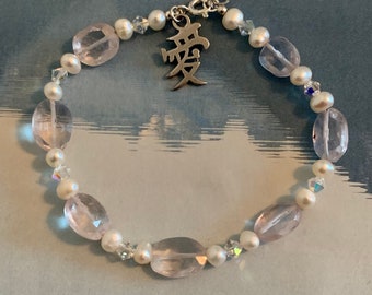 Valentine's Day  Love - Rose Quartz, cultured pearl, and crystal sterling silver Love bracelet