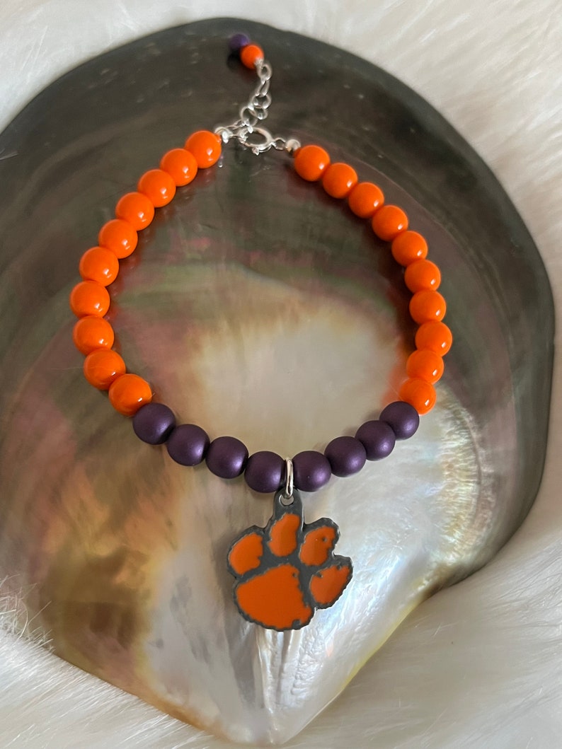 Clemson University Tigers Clemson Orange & Regalia Czech Glass beads Iconic Tiger Paw Football March Madness sports spirit bracelet image 5