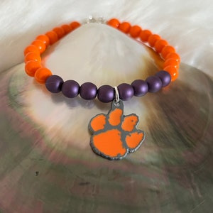 Clemson University Tigers Clemson Orange & Regalia Czech Glass beads Iconic Tiger Paw Football March Madness sports spirit bracelet image 1