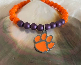 Clemson University Tigers Clemson Orange & Regalia Czech Glass beads Iconic Tiger Paw Football March Madness sports spirit bracelet